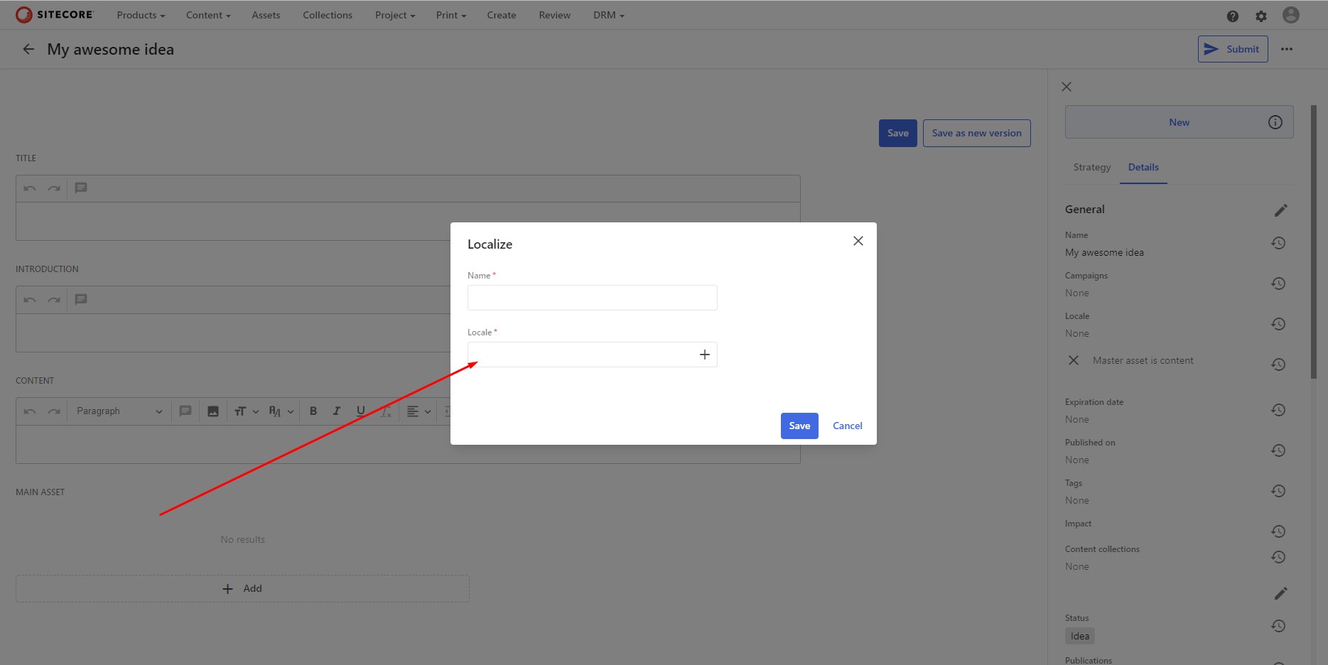 Selection of the locale when creating a new localized version.