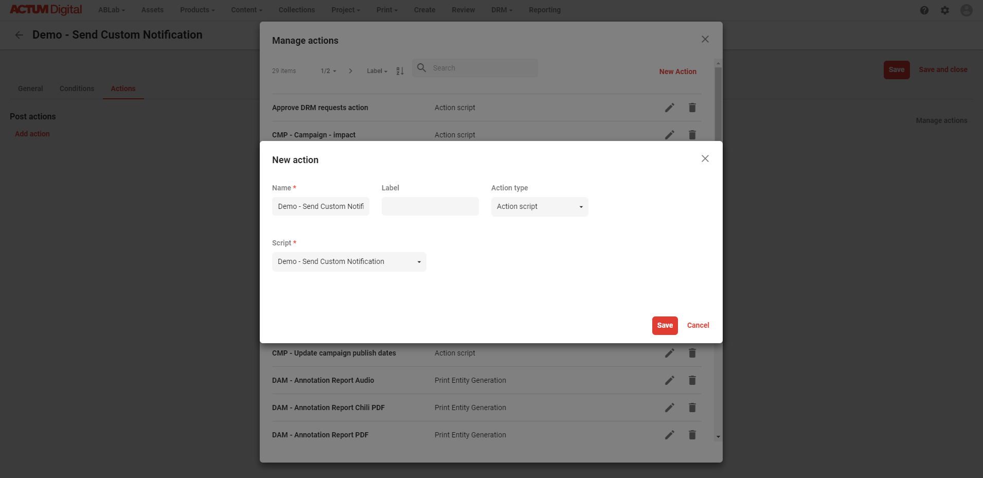 The Manage Actions section of new trigger dialog.