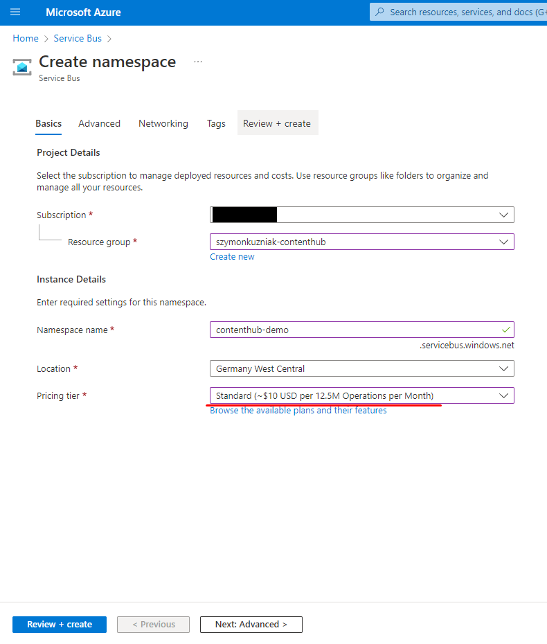 Create new Azure Service Bus.