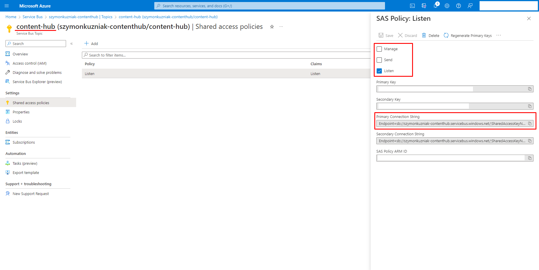 Shared Access Policy for the 'content-hub' topic.
