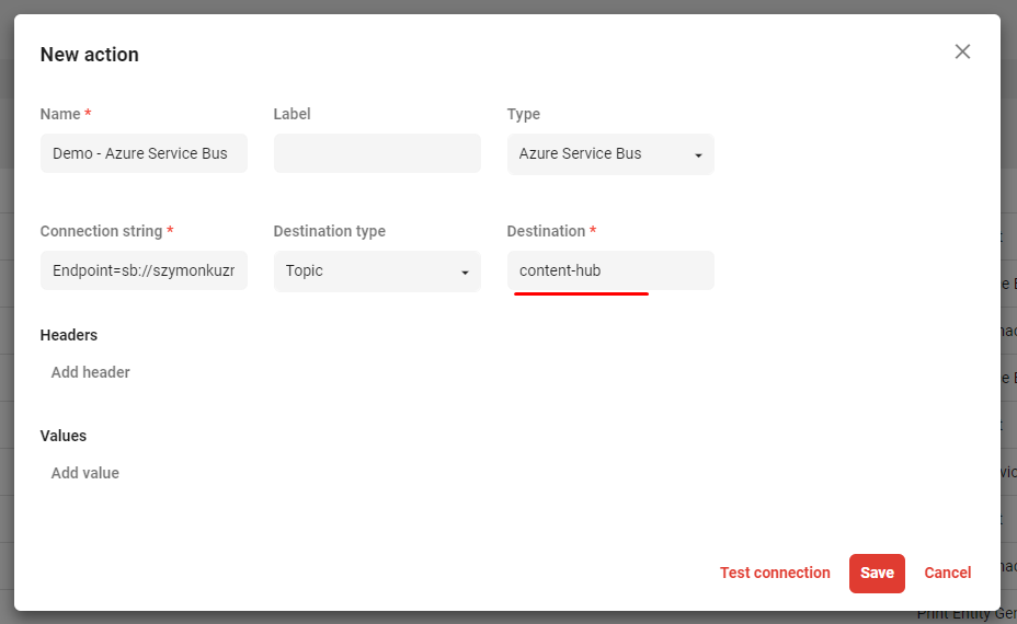 Create Azure Service Bus Action.