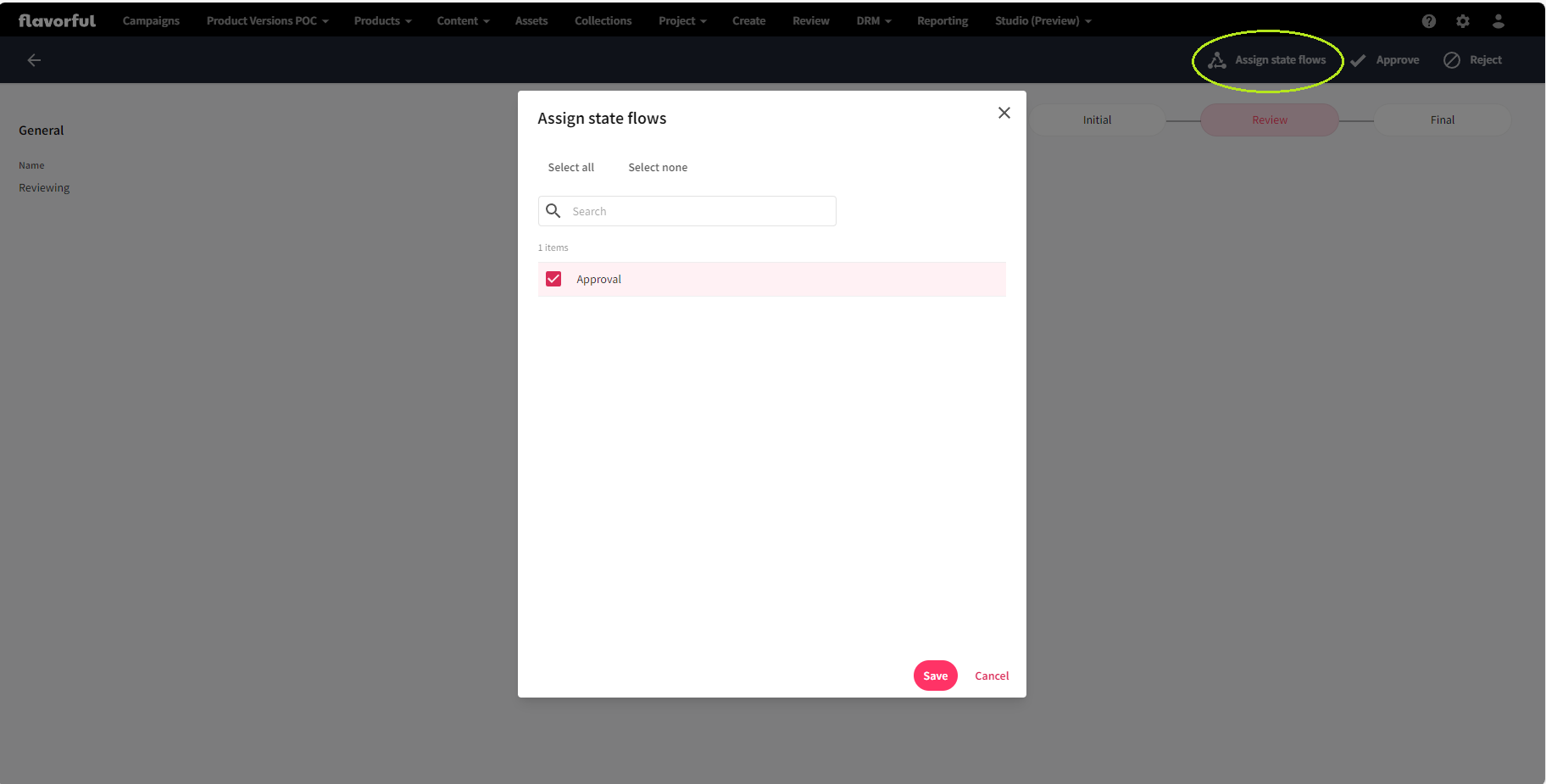 A screenshot of the application showing how does the assign state flows operation works.