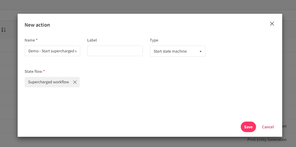 The action is needed to start the state machine for a given state flow.